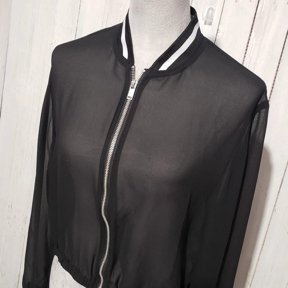 Divided H&M Bomber Jacket 12 Black Sheer Zip Boho Edgy Casual Grunge Punk Gothic
